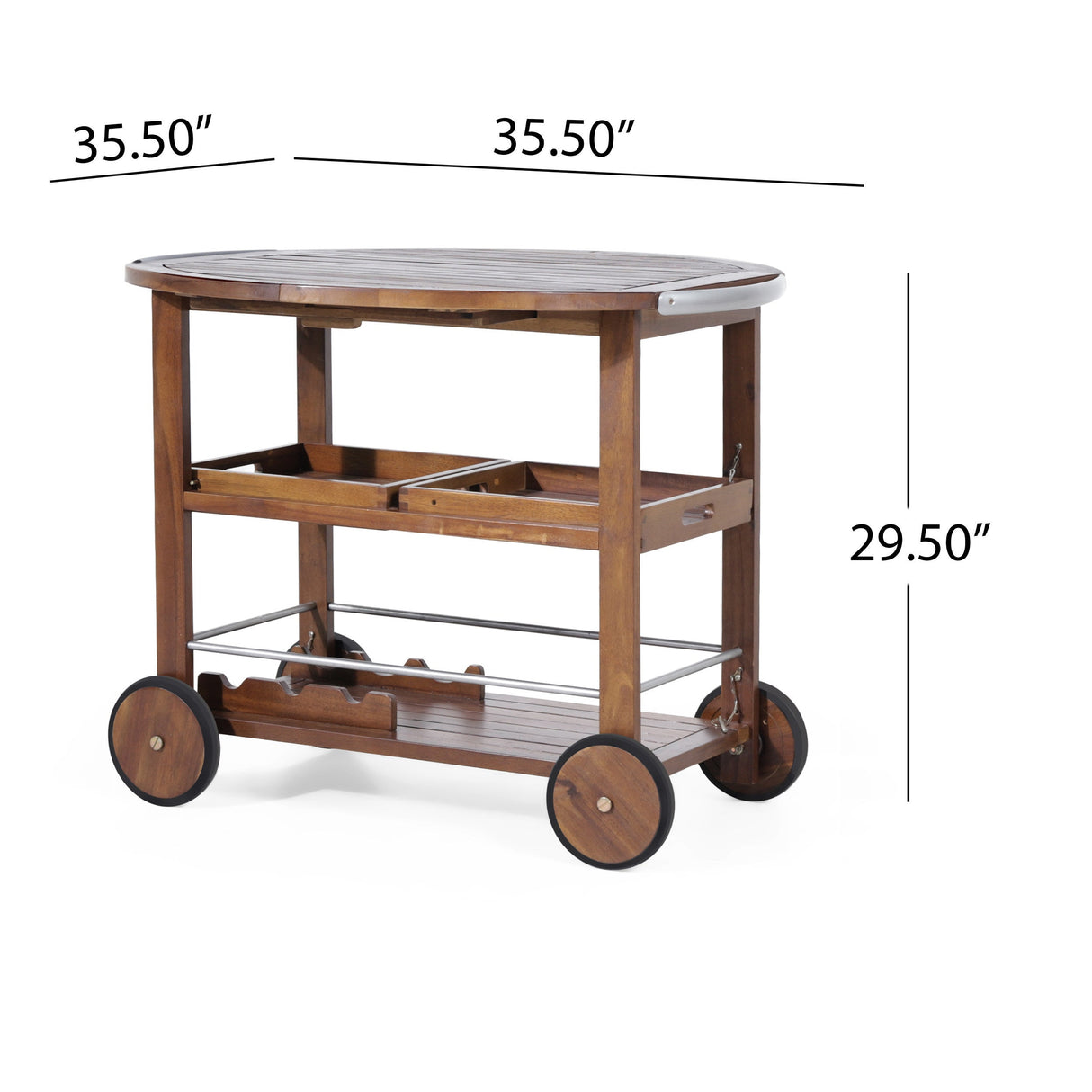 Wood and Aluminum Bar Cart with 2 Shelves, Oak and Silver