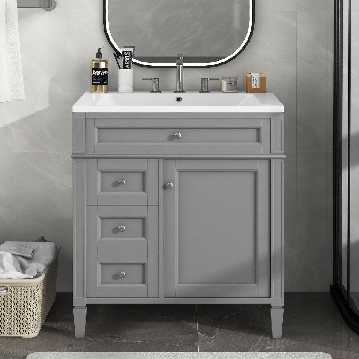 Bathroom Vanity With Top Sink, 2 Drawers and Tip Out Drawer