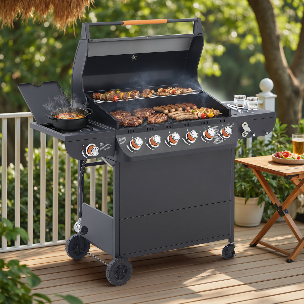6 Burner BBQ Propane Gas Grill with Side Burner and Cast Iron Grates