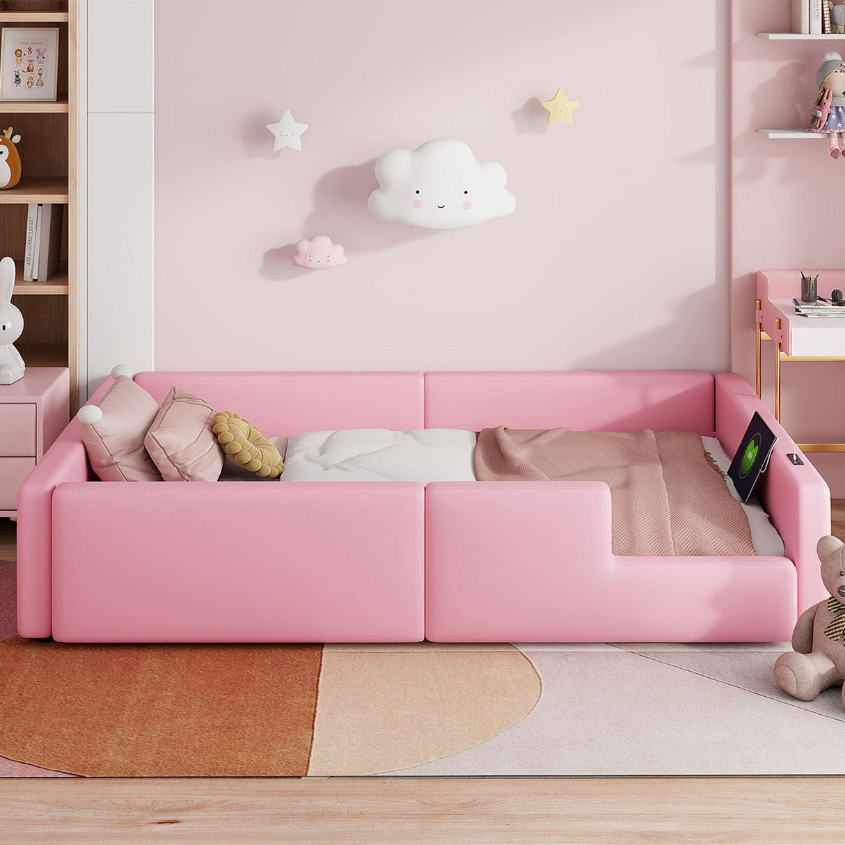 Platform Bed With Guardrail And Charging Station