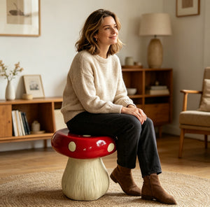 13.8" Oversized Mushroom Statue Stool with Forest Base