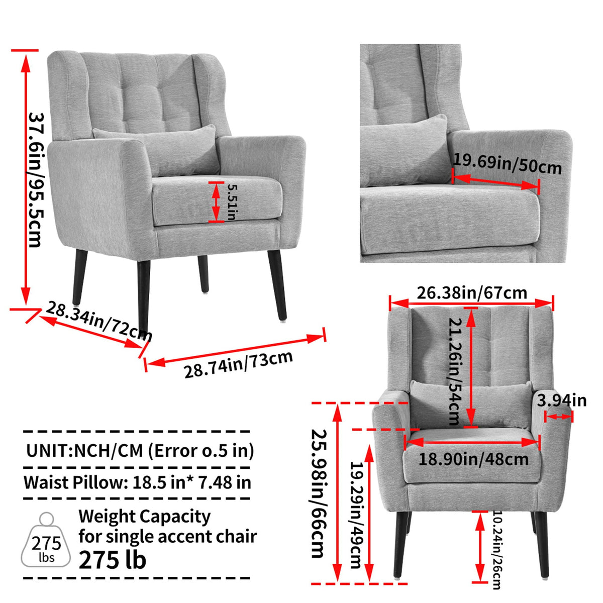 Modern Accent Chair, Arm Chairs For Living Room, Upholstered Mordern Armchair, Comfy Soft Padded Lounge Chair In Small Space, Bedroom, With Pillow, Solid Wood Leg