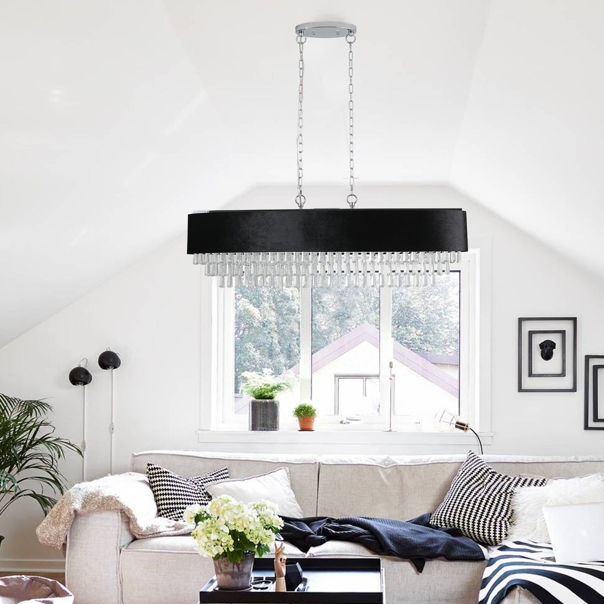 39' Modern Crystal Chandelier with Black Imitation Velvet Anti-Glare Shade, Adjustable Height, 8-Light G9 Base for Dining Room, Living Room, or Bedroom (Bulb Not Included)