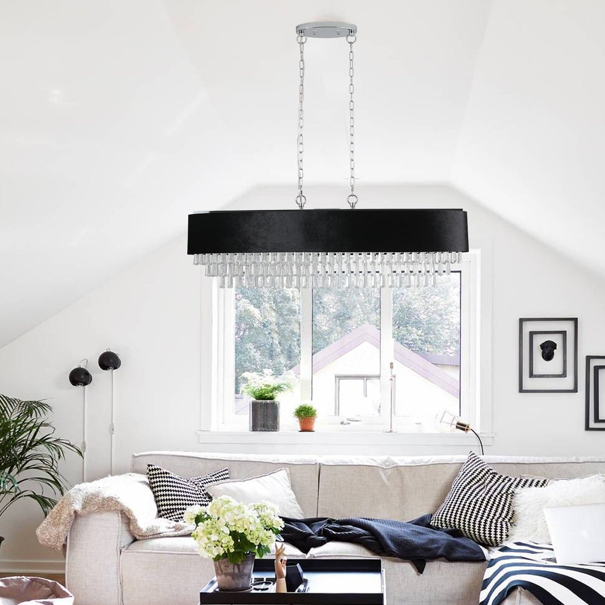 39' Modern Crystal Chandelier with Black Imitation Velvet Anti-Glare Shade, Adjustable Height, 8-Light G9 Base for Dining Room, Living Room, or Bedroom (Bulb Not Included)