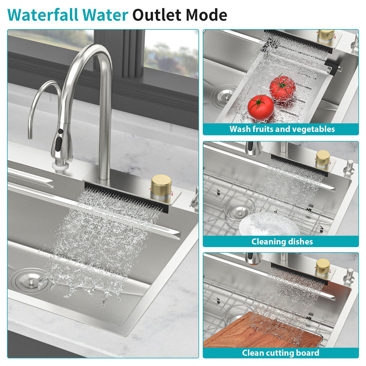 Waterfall Kitchen Sink With Pull Out Faucet & Cup Washer