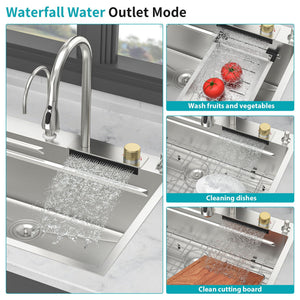 Waterfall Kitchen Sink With Pull Out Faucet & Cup Washer