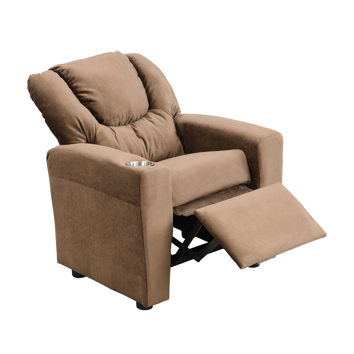 Brown Kids Recliner Chair with Cup Holder - Manual Reclining Fabric Couch