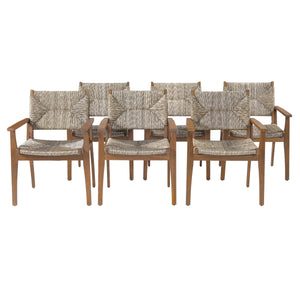 5-Piece Outdoor Dining Set: Brown Round Acacia Wood Table & 4 Brown Wicker Armchairs