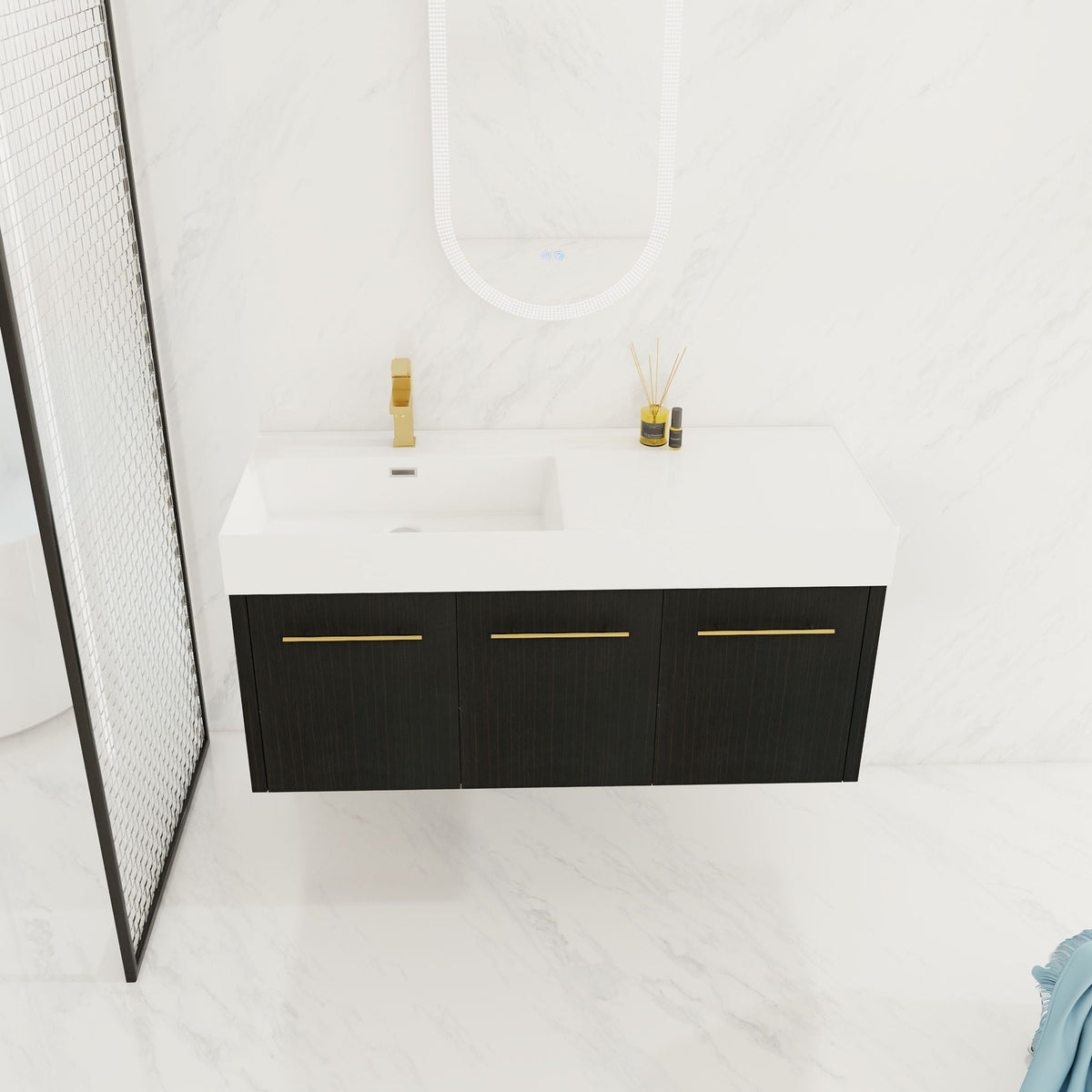 Contemporary 48" Wall Mounted Bathroom Vanity With Resin Sink And Soft Closing Doors And Line - Black Chestnut