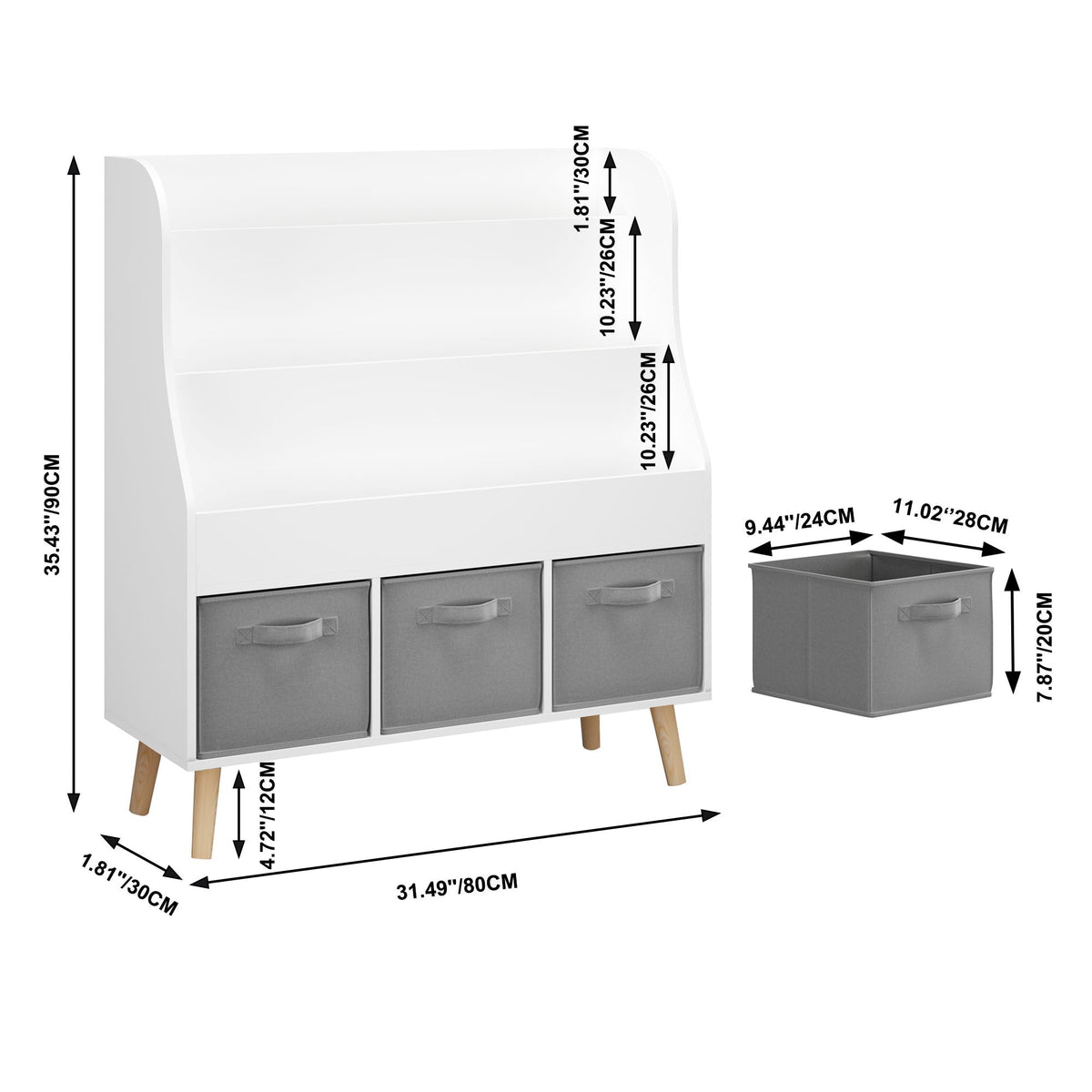 White Bookshelf with 3 Storage Bins - Front Facing Book Display Organizer