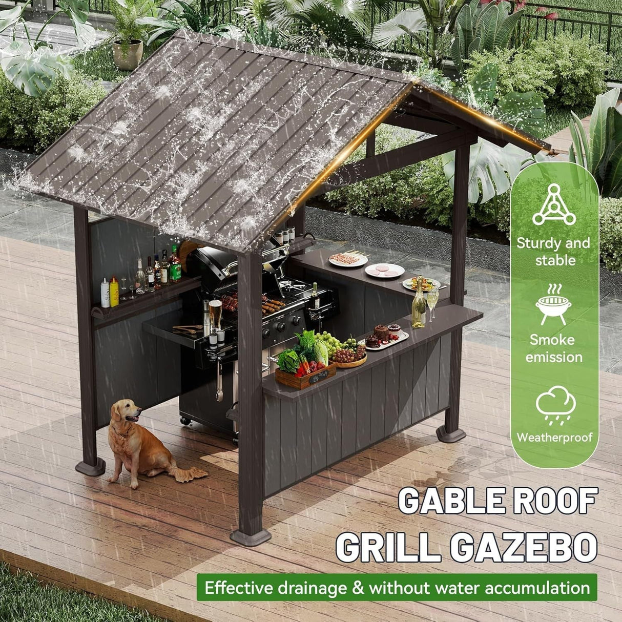 9.4X6.2 FT Hardtop Grill Gazebo, Gable Outdoor Grill Gazebo with Storage Shelves & Resin Shade System, Galvanized Steel Metal Hard top Gazebo for Patio Backyard Garden -Brown