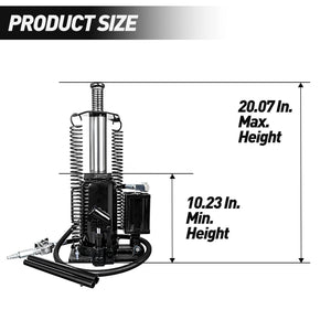 Air Hydraulic Bottle Jack, 20 Ton / 40000 Lbs, 10.23-20.07-Inch Lifting Range