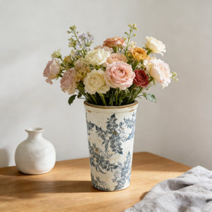 Ceramic Flower Vase with Wide Mouth - Distressed White & Black