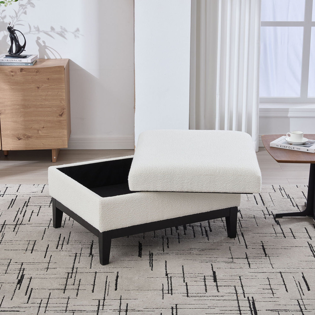 Upholstered Storage Ottoman With Reversible Lid Coffee Table With Rubberwood Legs