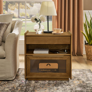 Mid Century Modern Nightstand with Charging Station & 2 Drawers