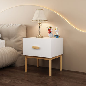 Nightstand With Drawer, Minimalist Bedside Table With Handle For Bedroom - White