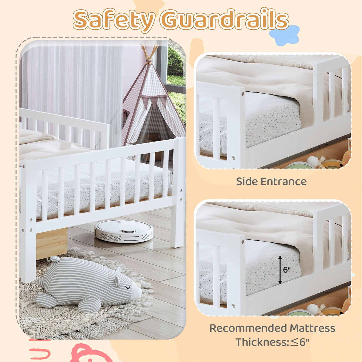 Bed With Headboard Storage Rack, 2 Under Bed Drawers, 3 Side Guardrails For Safety