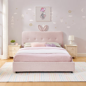 Full Size Kids Upholstered Bed with Oversized Rabbit Ear Headboard, LED Light & 4 Storage Drawers, Boucle Fabric (79.5''X55.75''X41'')