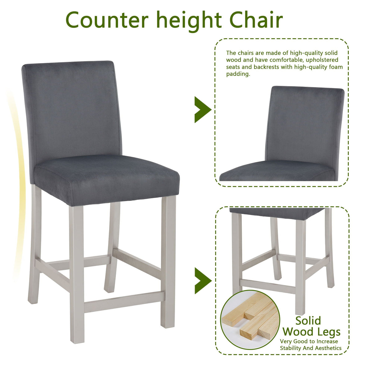 5 Pieces Counter Height Table Set, Kitchen Table With Square Table And 4 Upholstered Chairs