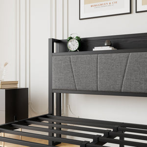 Queen Size Bed Frame with Storage Headboard and Charging Station