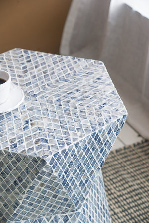 19x19x20" Tapered Blue Garden Capiz Stool, Accent Side Table