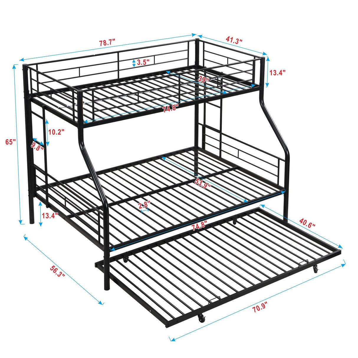 Twin Over Full Modern Metal Bunk Bed With Trundle - Black