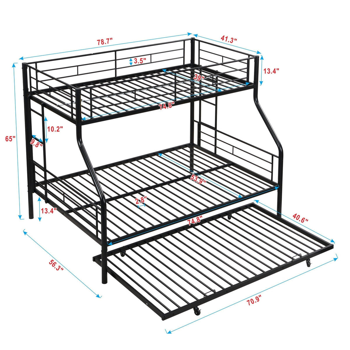 Twin Over Full Modern Metal Bunk Bed with Trundle - Black