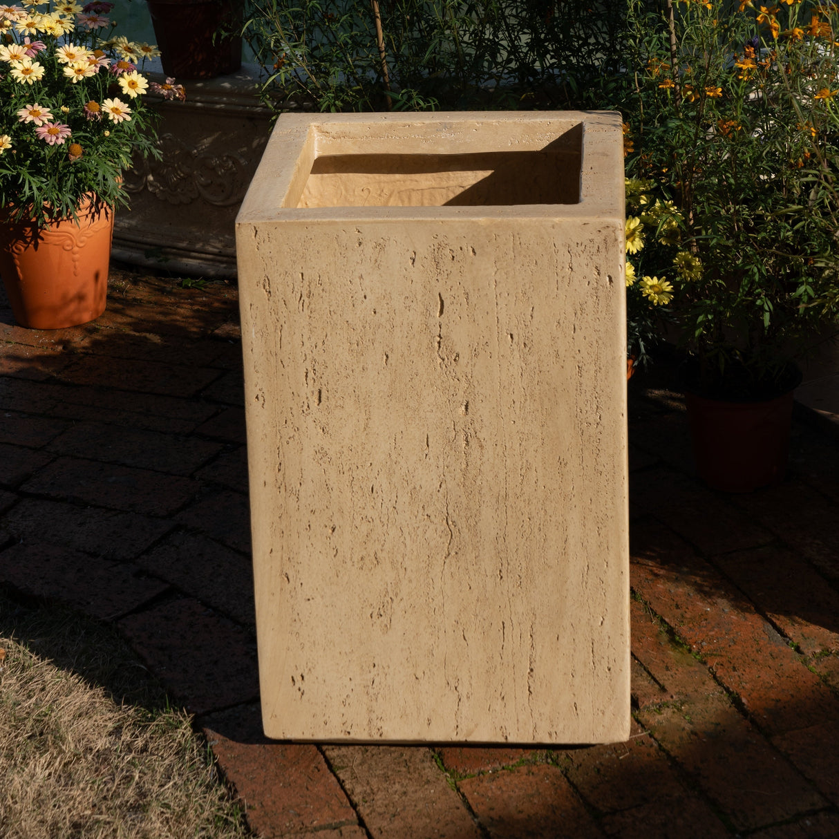 Handmade Travertine Planter Box, Antique Brown, 19.75"H