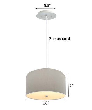 16" W 2 Light Pendant Light Oatmeal Linen Drum Shade with Diffuser, White Cord