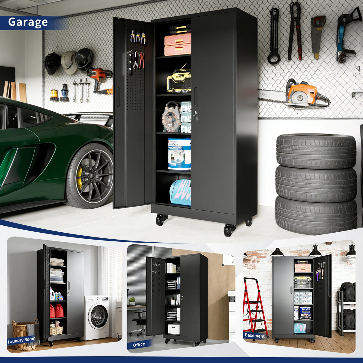 Heavy Duty Metal Storage Cabinet with Doors and Wheels