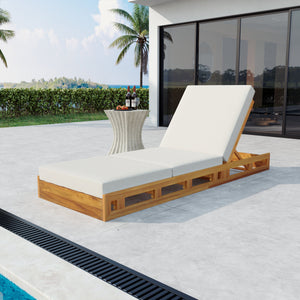 Lounge Chaise Set, Acacia Solid Wood with Lounge Cushion (Cream & Triple Fold) - Matching Dark