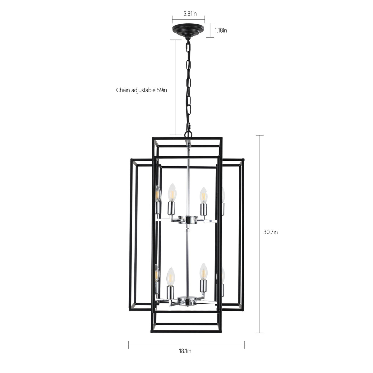 18' Modern 8-Light Black & Chrome Geometric Pendant Chandelier, Industrial Metal Frame, Adjustable Hanging Light for Living Room, Dining Room, Kitchen (No Bulbs)