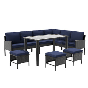 7 Piece Outdoor Furniture Set with Waterproof Cushions and Glass Table - Blue