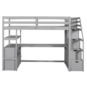 Loft Bed With Desk, Shelves, 2 Drawers, Storage Staircase