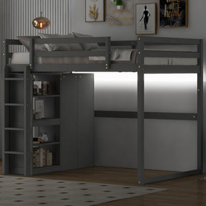 Loft Bed With Built In Wardrobe, Storage Shelves, And LED Light