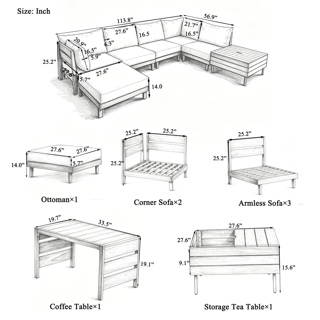 TOPMAX 8-Piece Acacia Wood Outdoor Patio Sofa Set