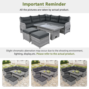Outdoor Furniture Set Patio Rattan Furniture with Adjustable Table, Recliners, Side Tables, Ottomans