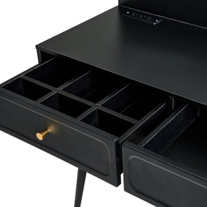 Modern Makeup Vanity Desk With Mirror And Lights Retractable Design Engineered Wood - Black