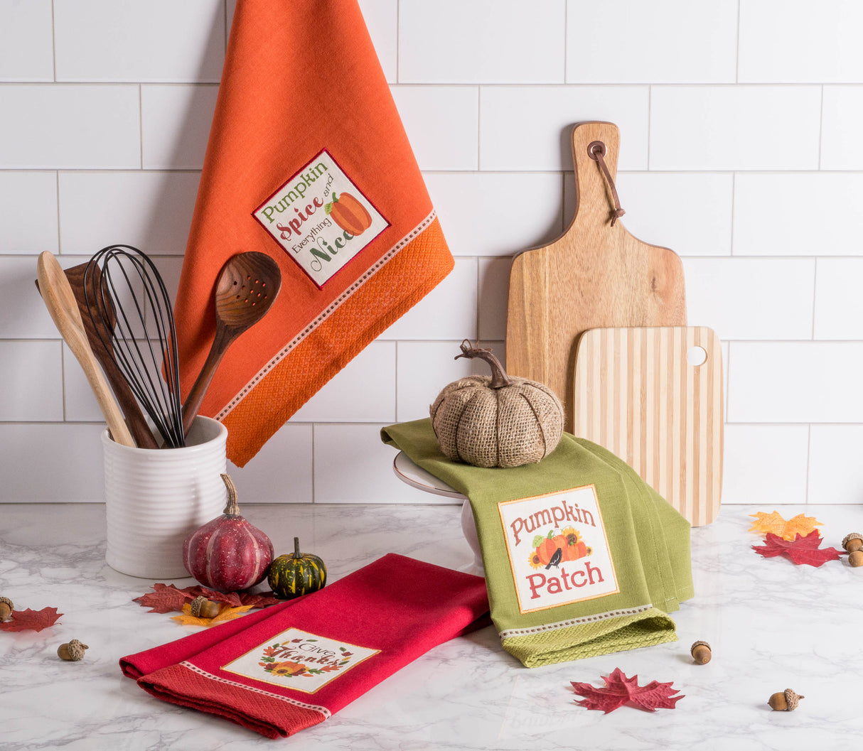 DII Fall Embellished Dishtowel Set/3, Country Pumpkin