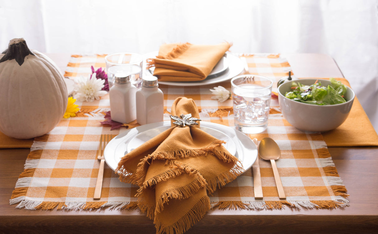 DII Pumpkin Spice Heavyweight Fringe Placemat Set/6, Check