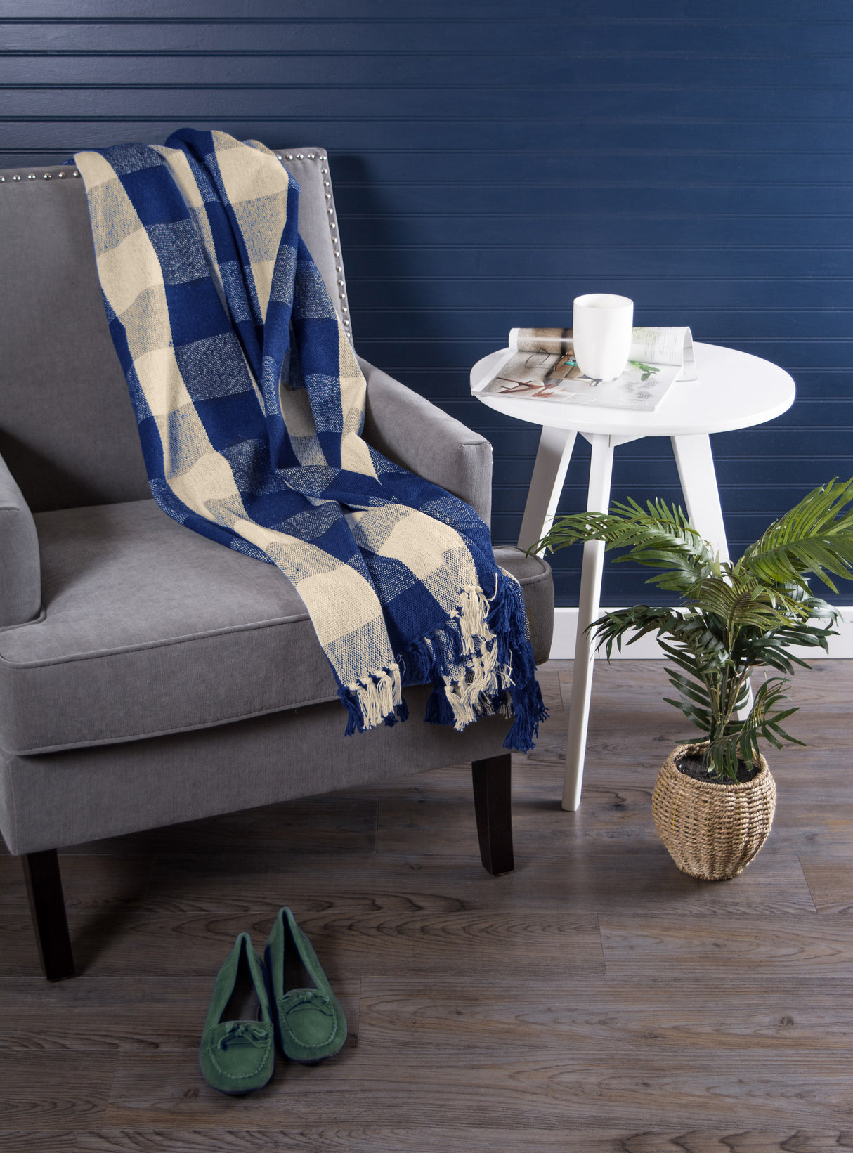 DII Buffalo Check Cotton 50x60-inch Throw Blanket, Navy/White