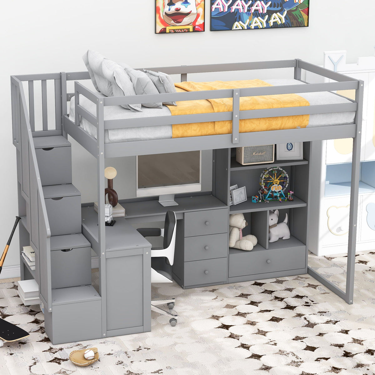 Loft Bed With L Shaped Desk, Drawers, Cabinet, And Storage Staircase