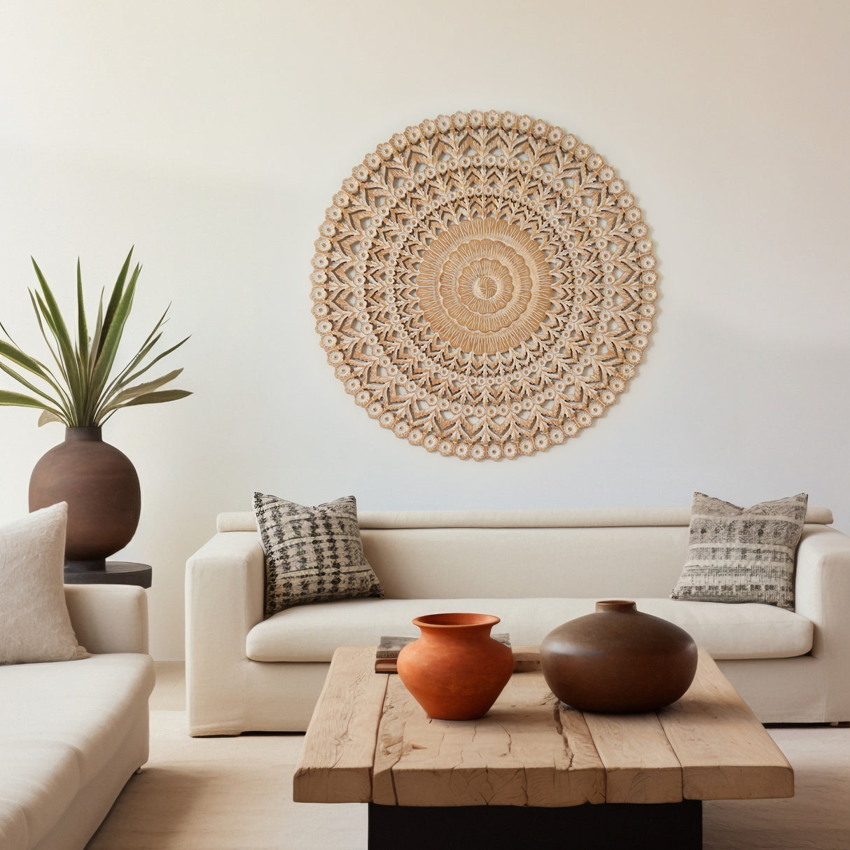 48” Hand-Carved Round Wooden Wall Art