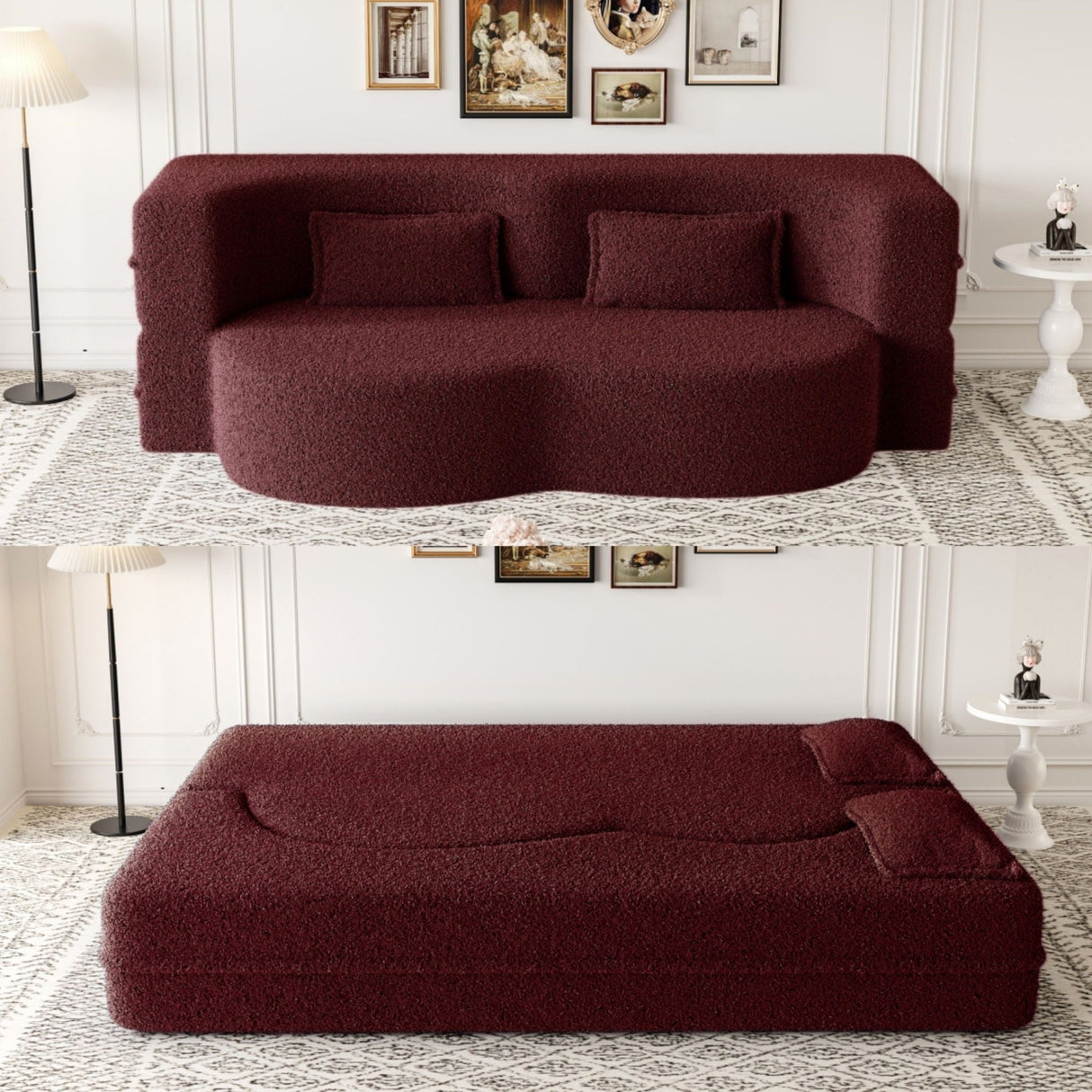 Modern Floor Sofa with 2 Pillows, Convertible Teddy Fabric Foam Filled Bed