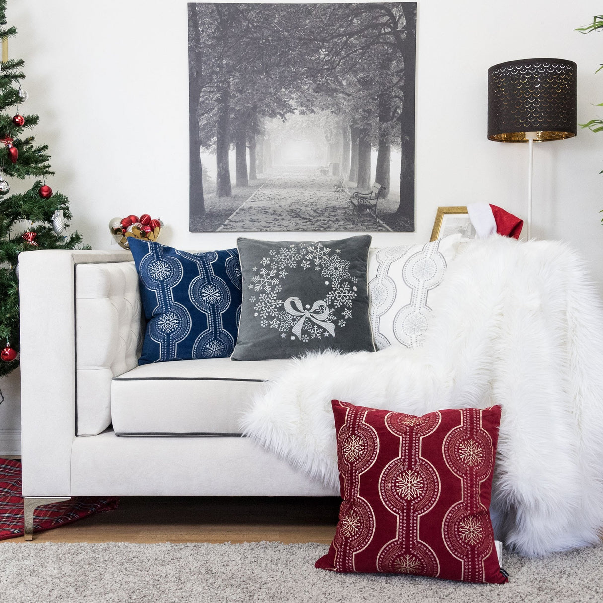 Gray Velvet Holiday Throw Pillow with Snowflake Wreath Embroidery