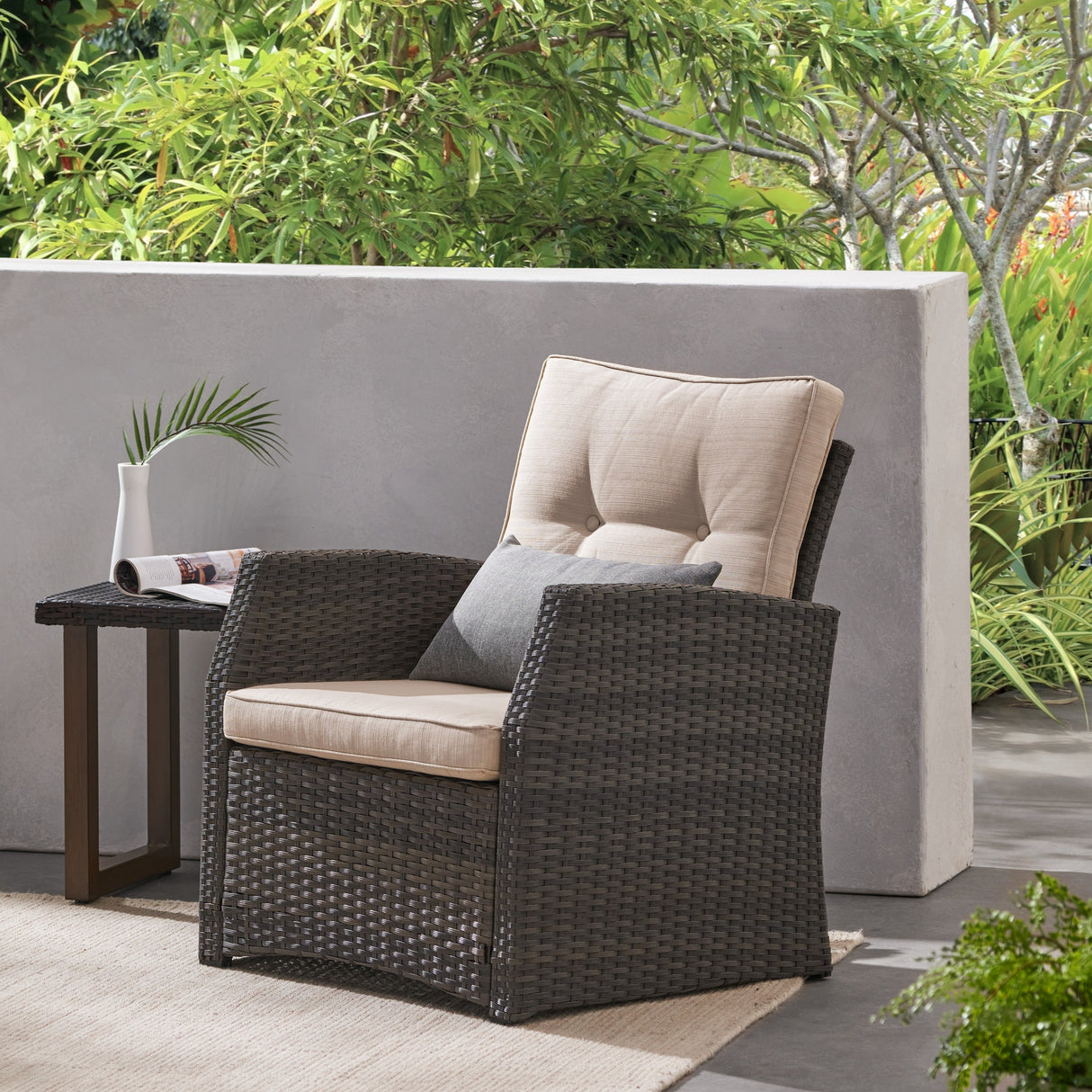 ST MARTA Single Sofa Outdoor Relaxation Seat Grey PE Rattan Waterproof Fabric