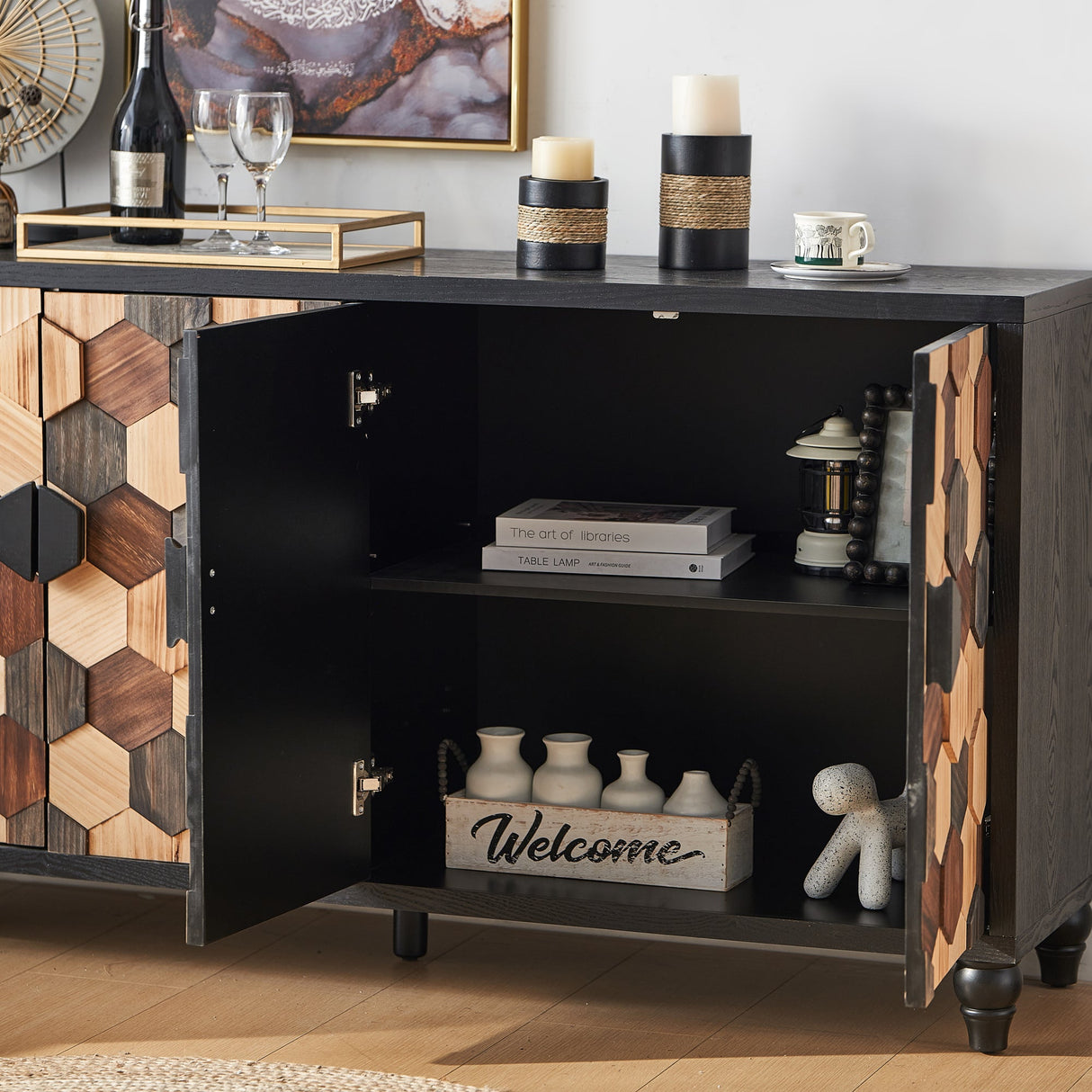 Distressed Storage Cabinet with Honeycomb Pattern
