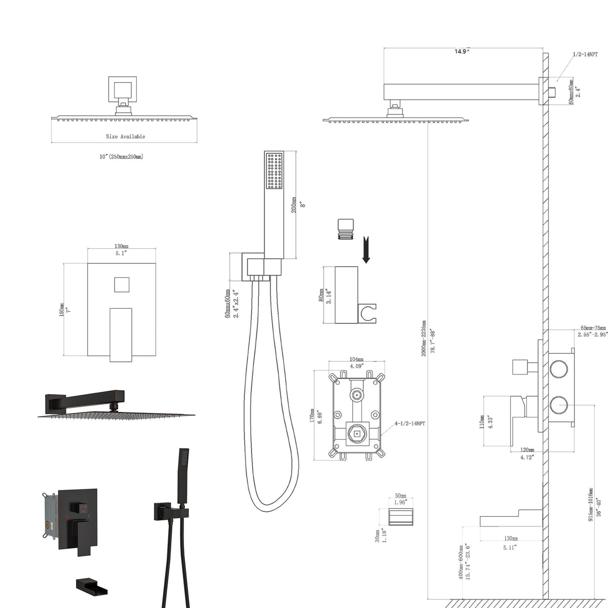 10-Inch Wall Mounted Square Shower System with Rough In Valve - Black or Gray