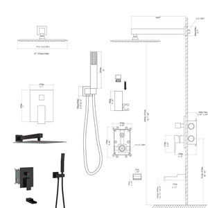 10-Inch Wall Mounted Square Shower System with Rough In Valve - Black or Gray