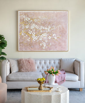 59.1x47.2' Hand-Painted Cherry Blossom Canvas Art with Blush Pink and White Finish